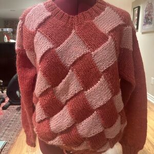Vintage Patchwork Knit Sweater - dark and light Pink